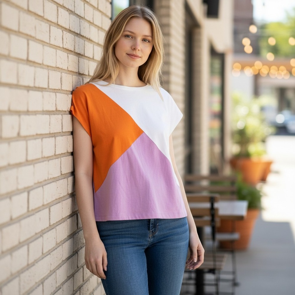 Dress To Brazil Colorblock Asymmetrical Batwing Cotton Top Orange Lilac White XS